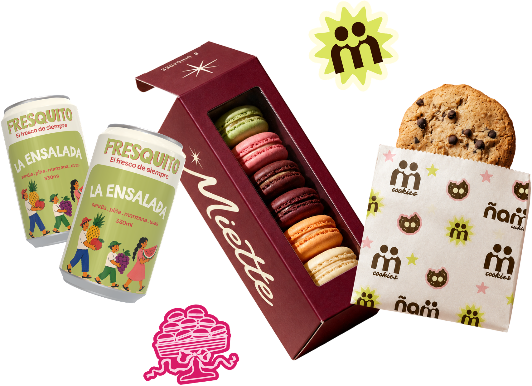 Composición con latas Fresquito, caja de macarons Miette y bolsa de galletas Ñam