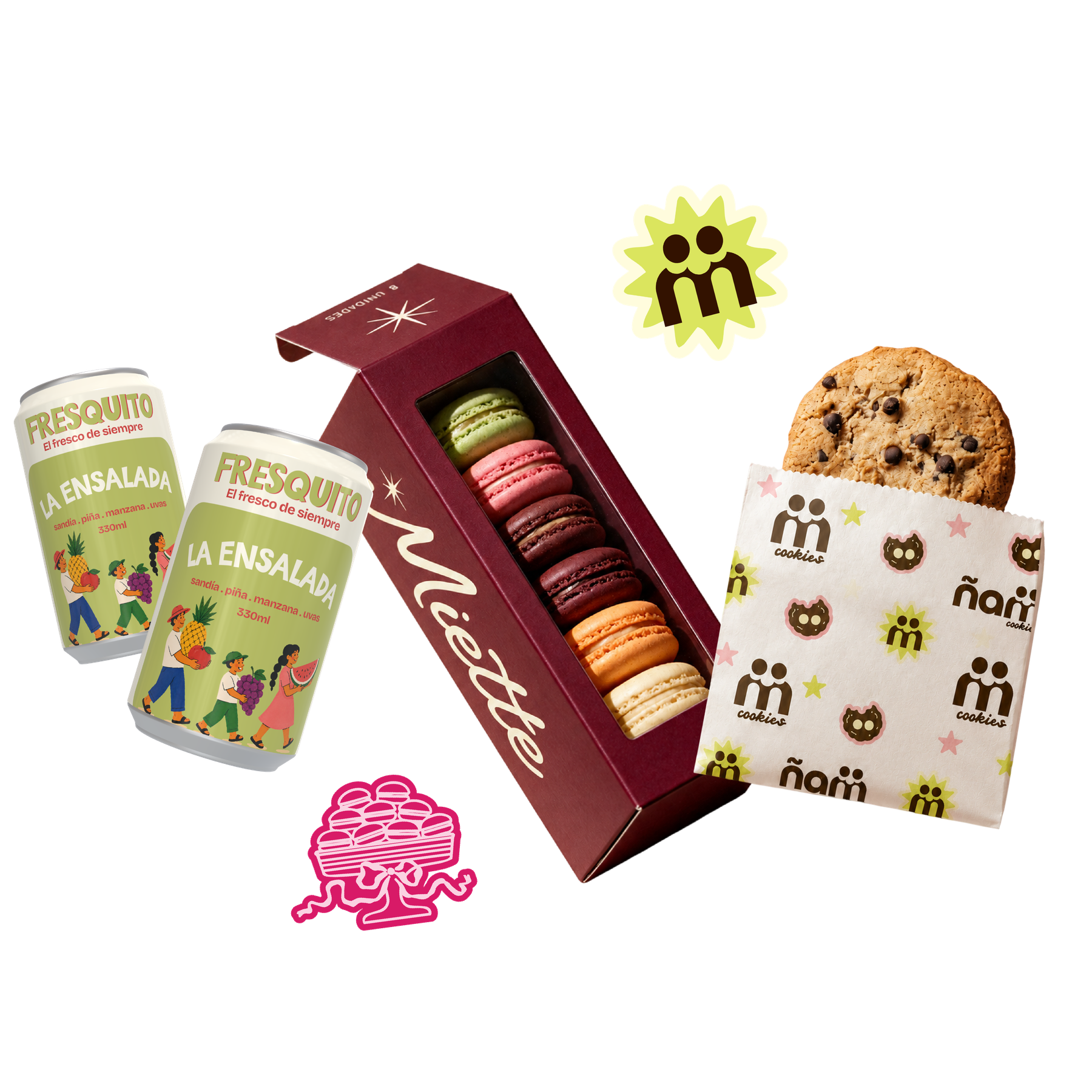 Composición con latas Fresquito, caja de macarons Miette y bolsa de galletas Ñam