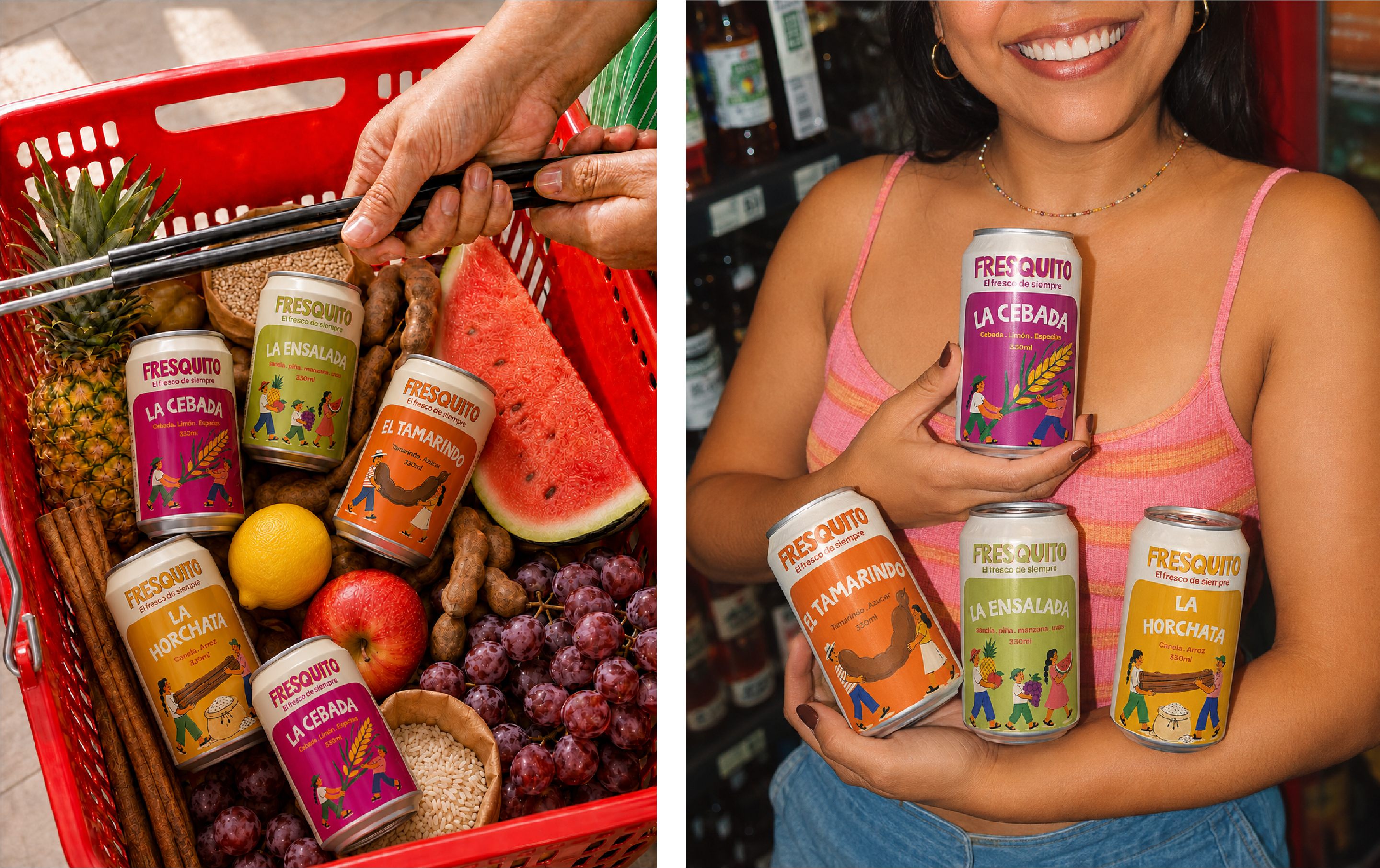 Latas Fresquito en una canasta de mercado y una persona sosteniendo tres latas en una tienda