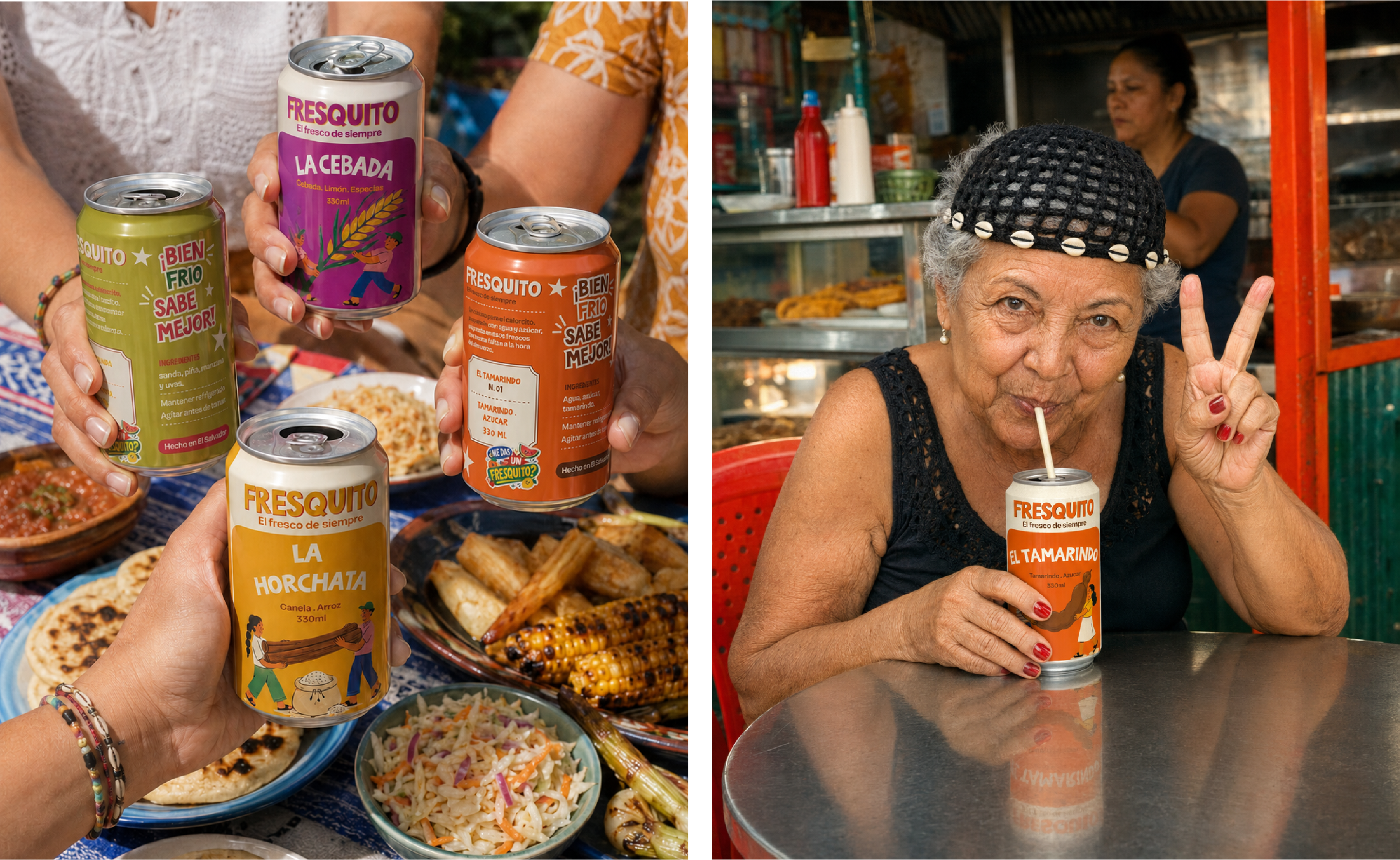 Personas compartiendo latas Fresquito en un almuerzo y una señora tomando Fresquito de tamarindo