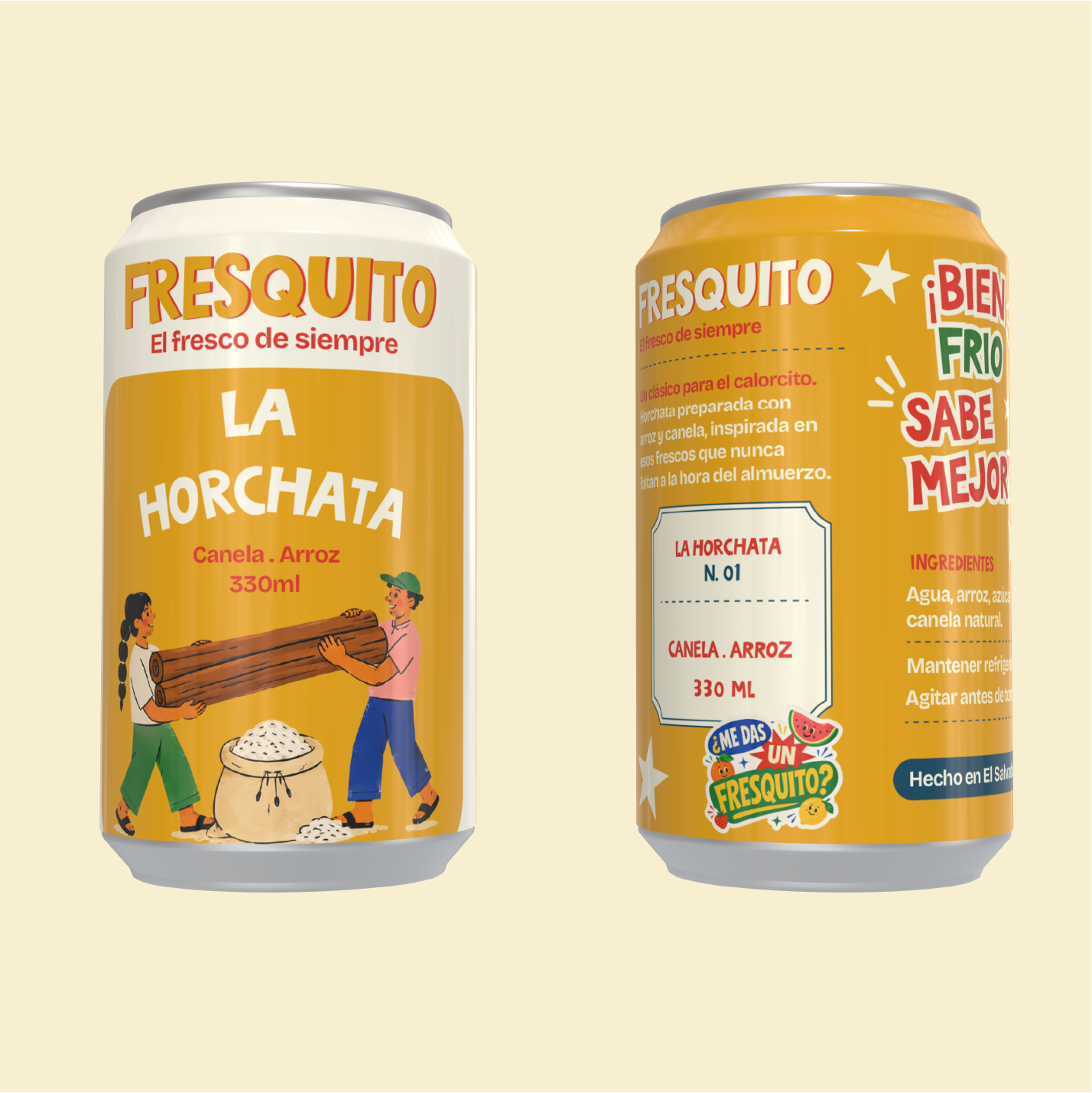 Latas Fresquito de horchata en vista frontal y posterior