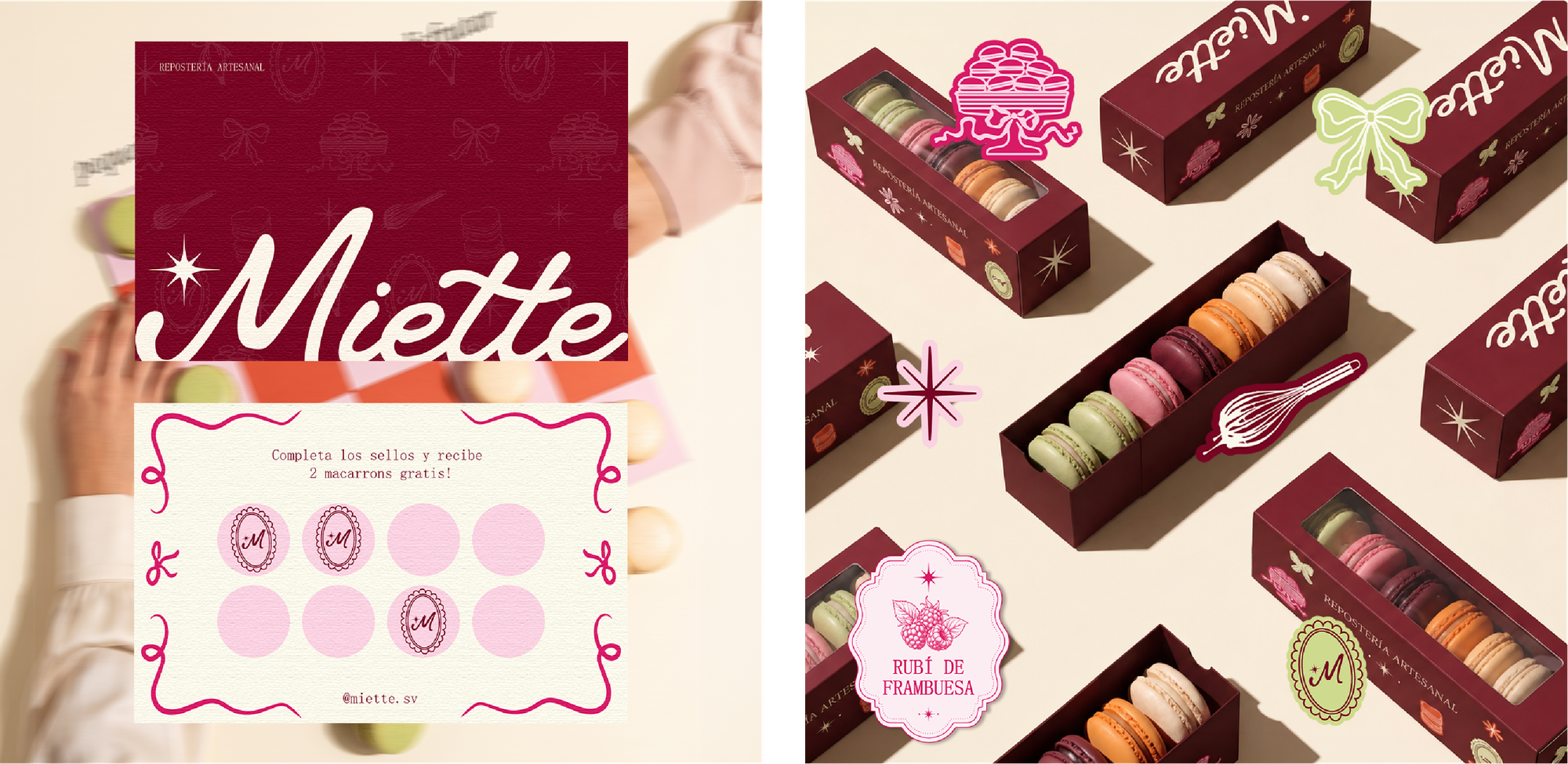 Aplicaciones de marca Miette: tarjeta de presentación y tarjeta de sellos junto a cajas de macarons