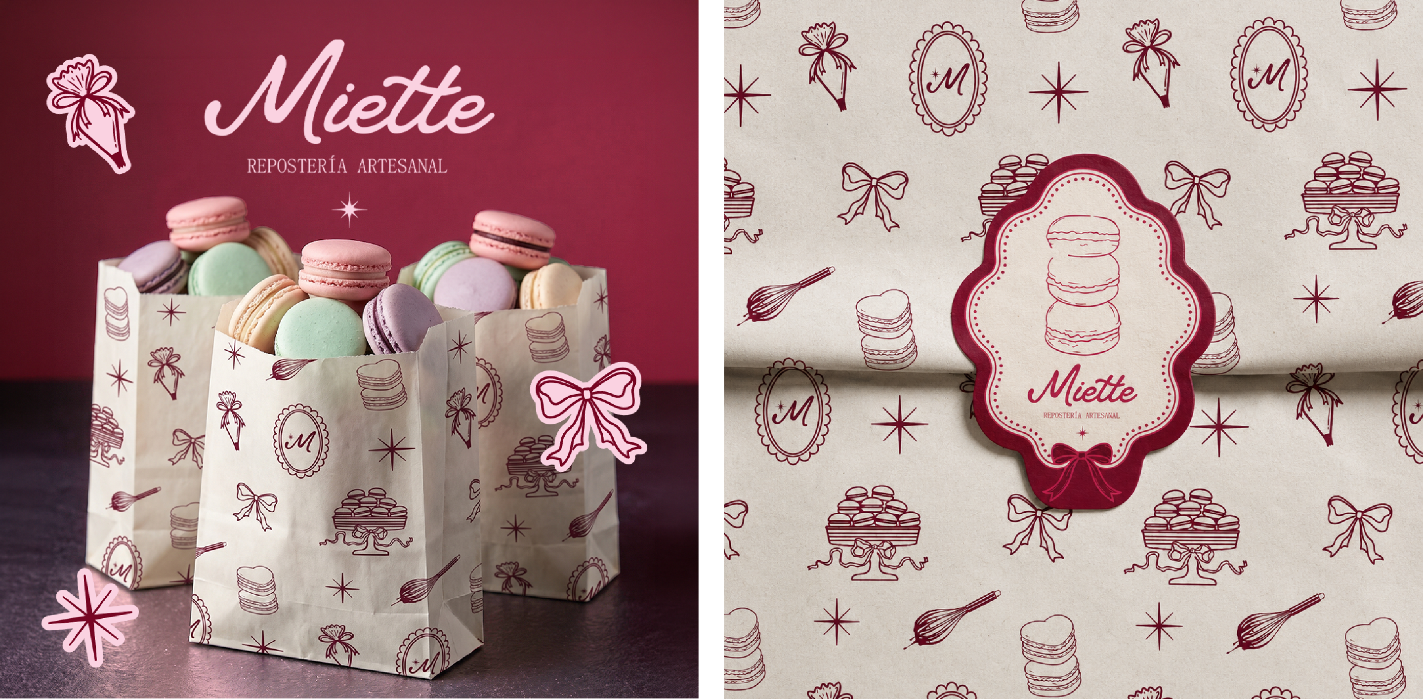 Bolsas de papel Miette con patrón ilustrado y etiqueta de marca