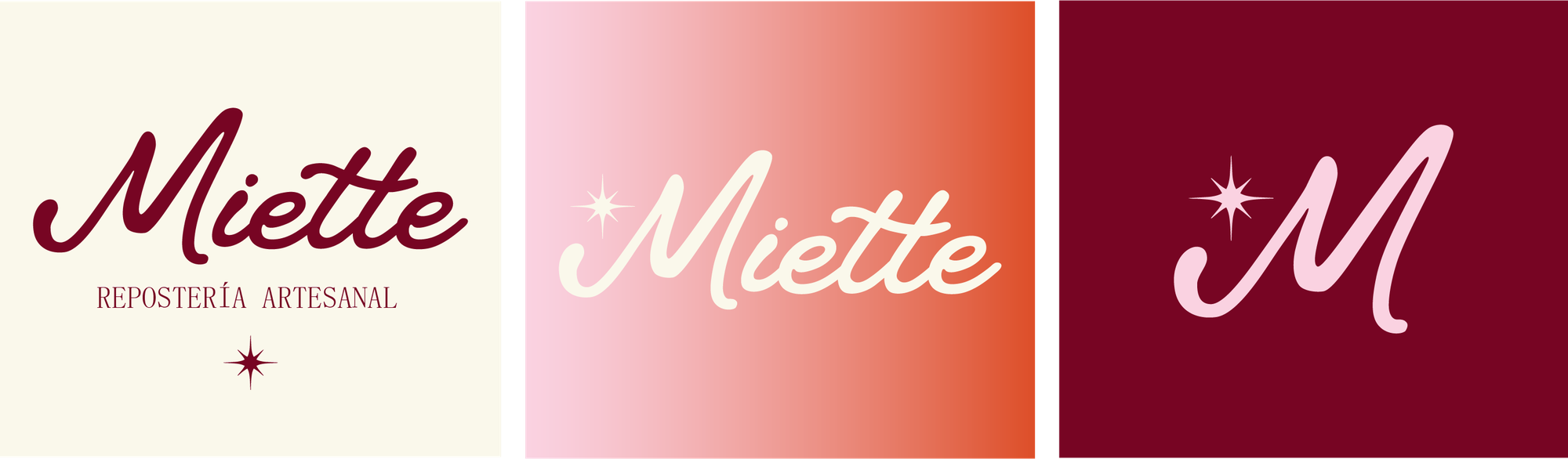 Versiones del logotipo Miette en tres fondos: crema, degradado rosa a naranja y vino