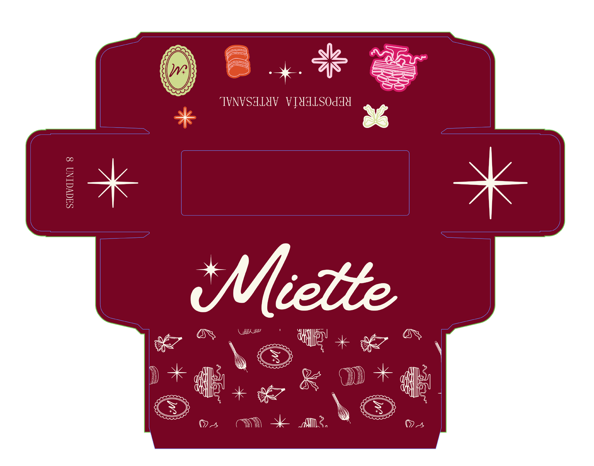 Troquel del empaque de macarons Miette con patrón ilustrado