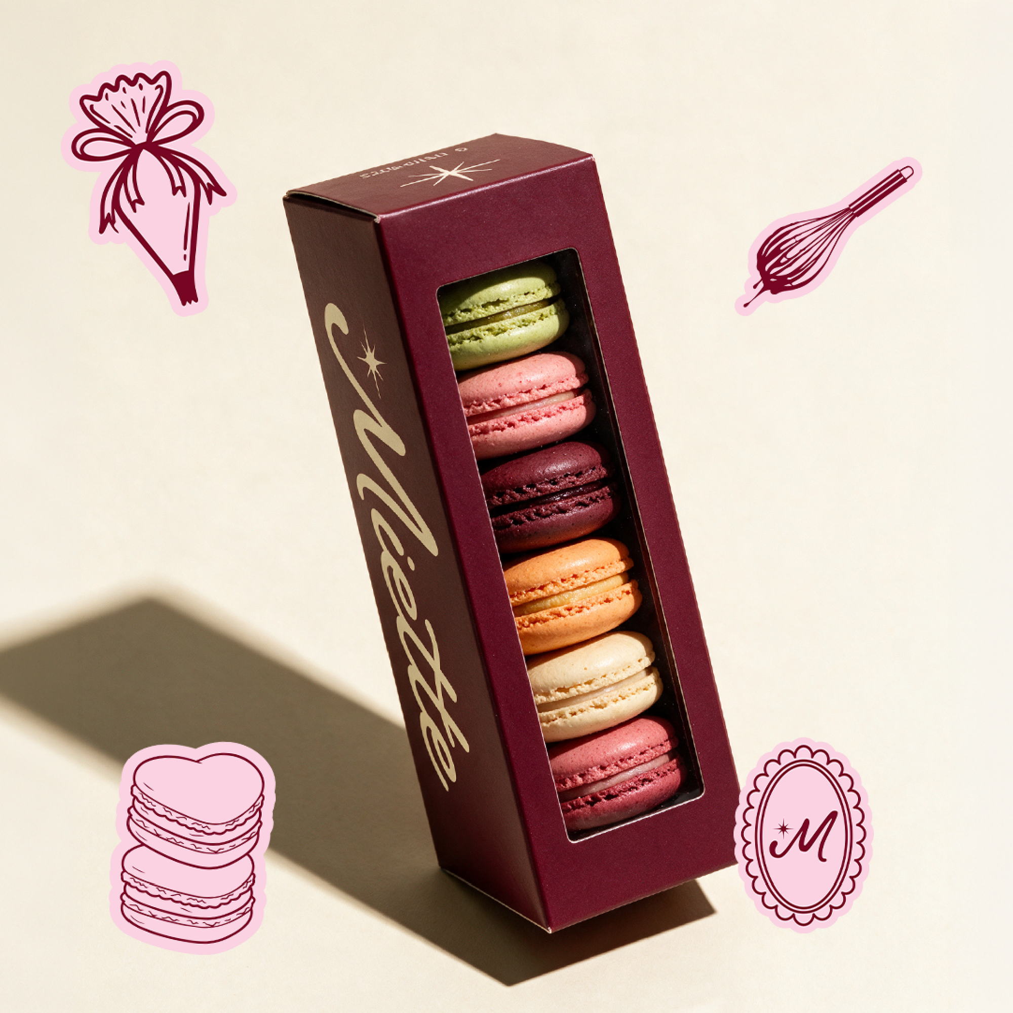 Caja de macarons Miette con ventana y stickers ilustrados
