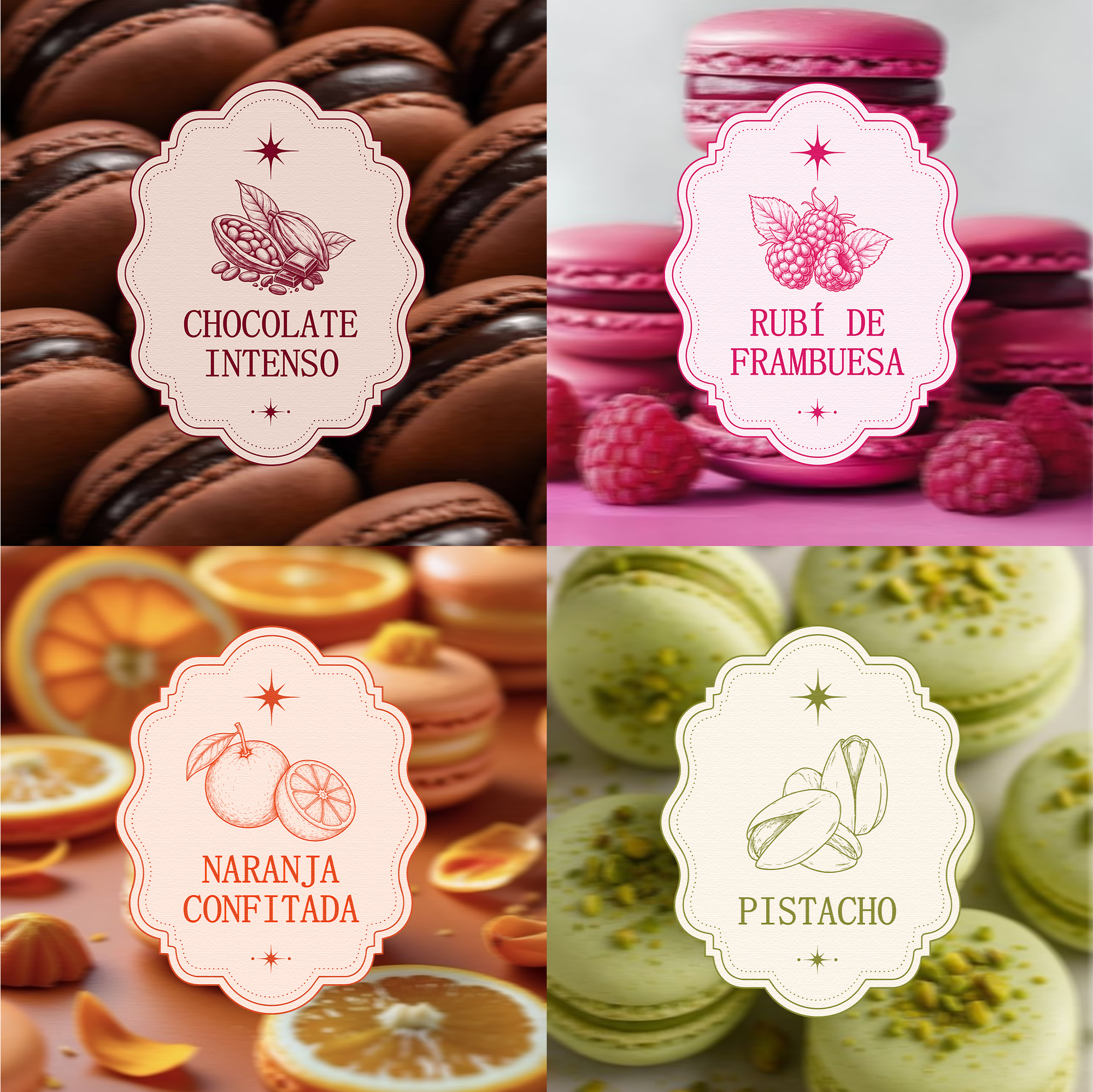 Etiquetas de sabores Miette: chocolate intenso, rubí de frambuesa, naranja confitada y pistacho