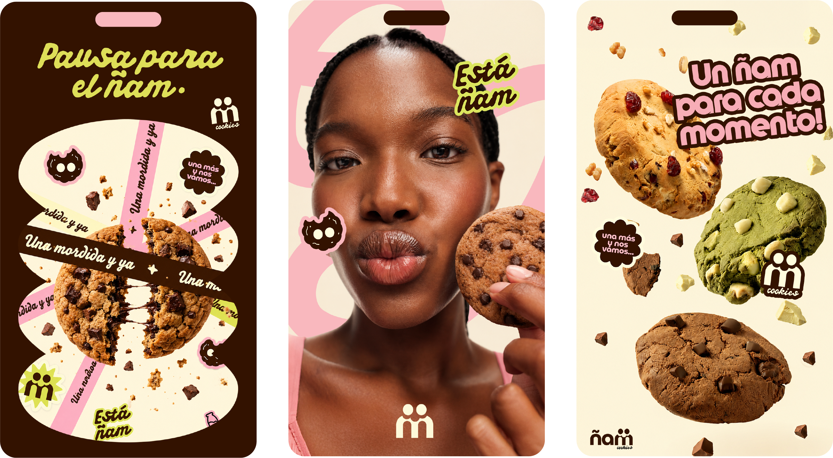 Conjunto de tres historias para redes sociales de Ñam cookies